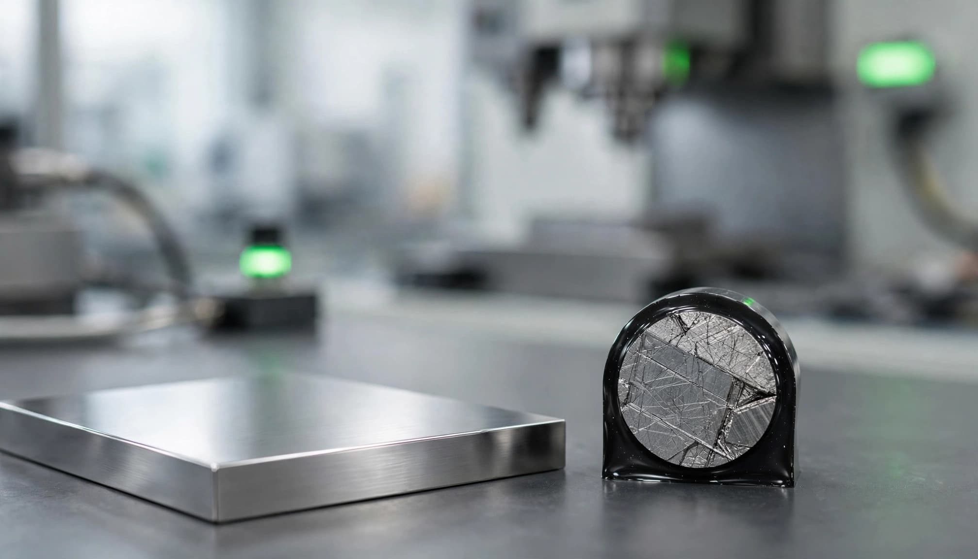 A polished steel coupon sits beside a small cross-section in a bright lab.