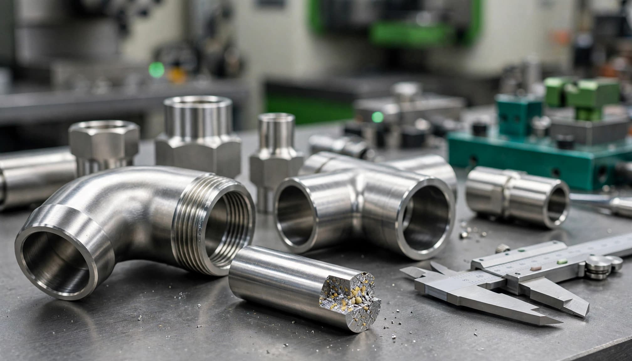 Stainless steel fittings and bar stock sit beside a caliper, with a cutaway showing the metal structure.