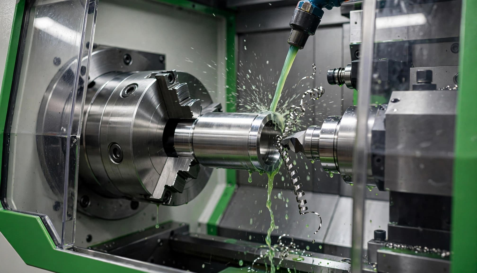 A CNC lathe cuts a stainless steel fitting while coolant flows over the cutting area.