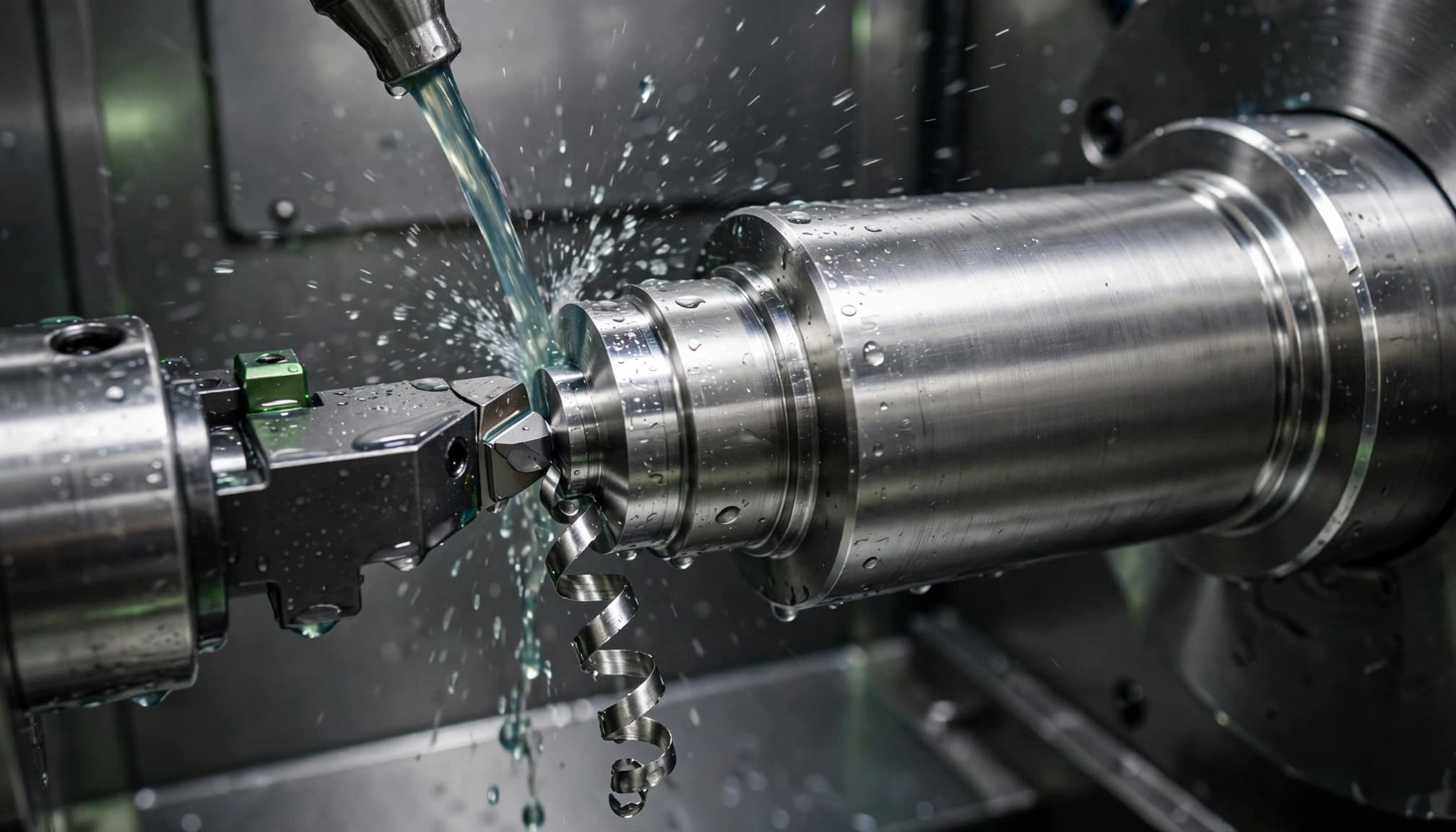A lathe insert cuts a stainless steel fitting as coolant hits the workpiece.