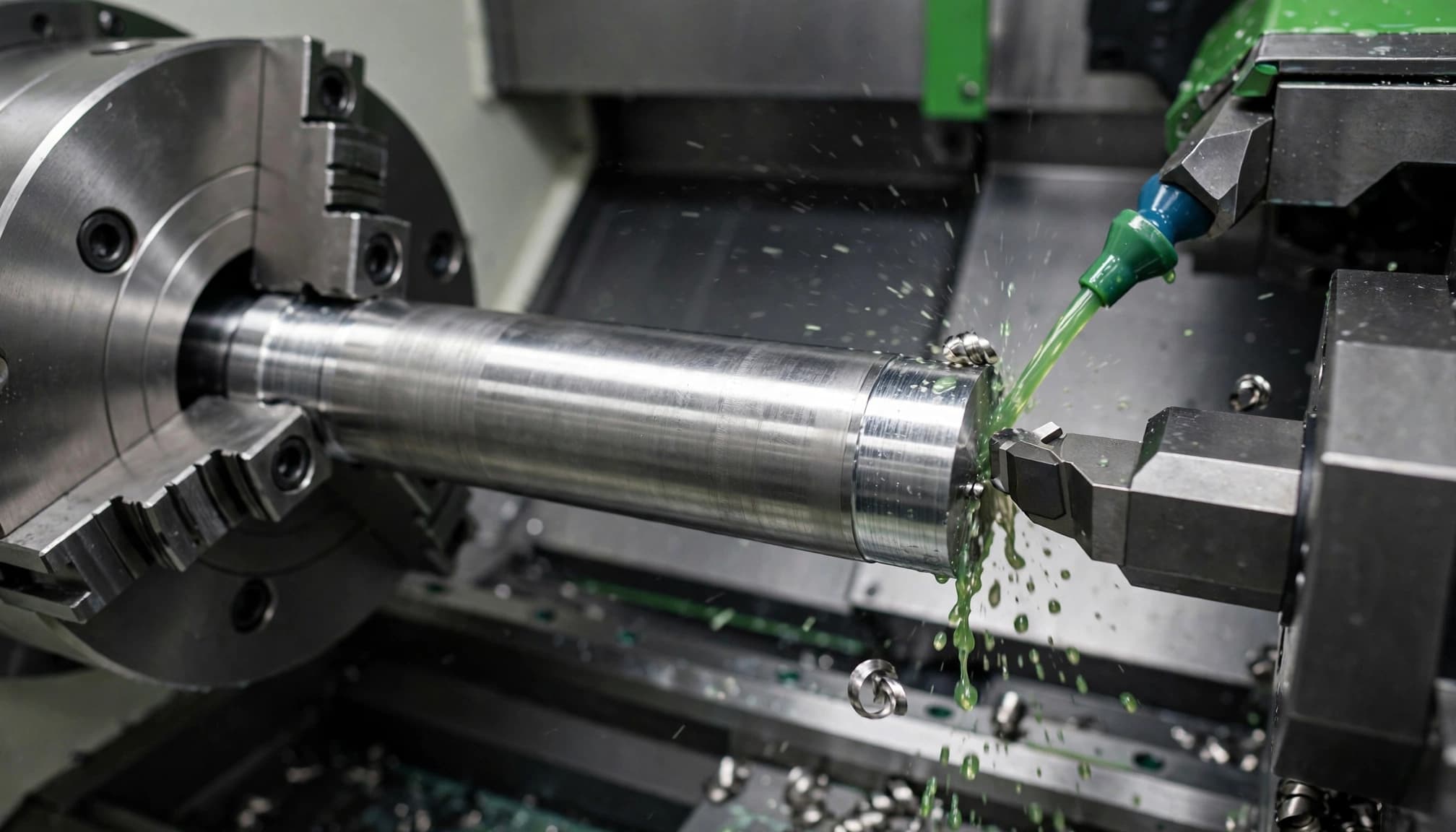 A CNC lathe tool cuts a stainless steel cylinder as coolant flows over the cutting area.