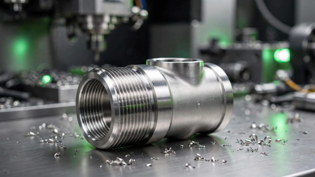 A threaded stainless steel fitting sits on a workbench with blurred machinery behind it.