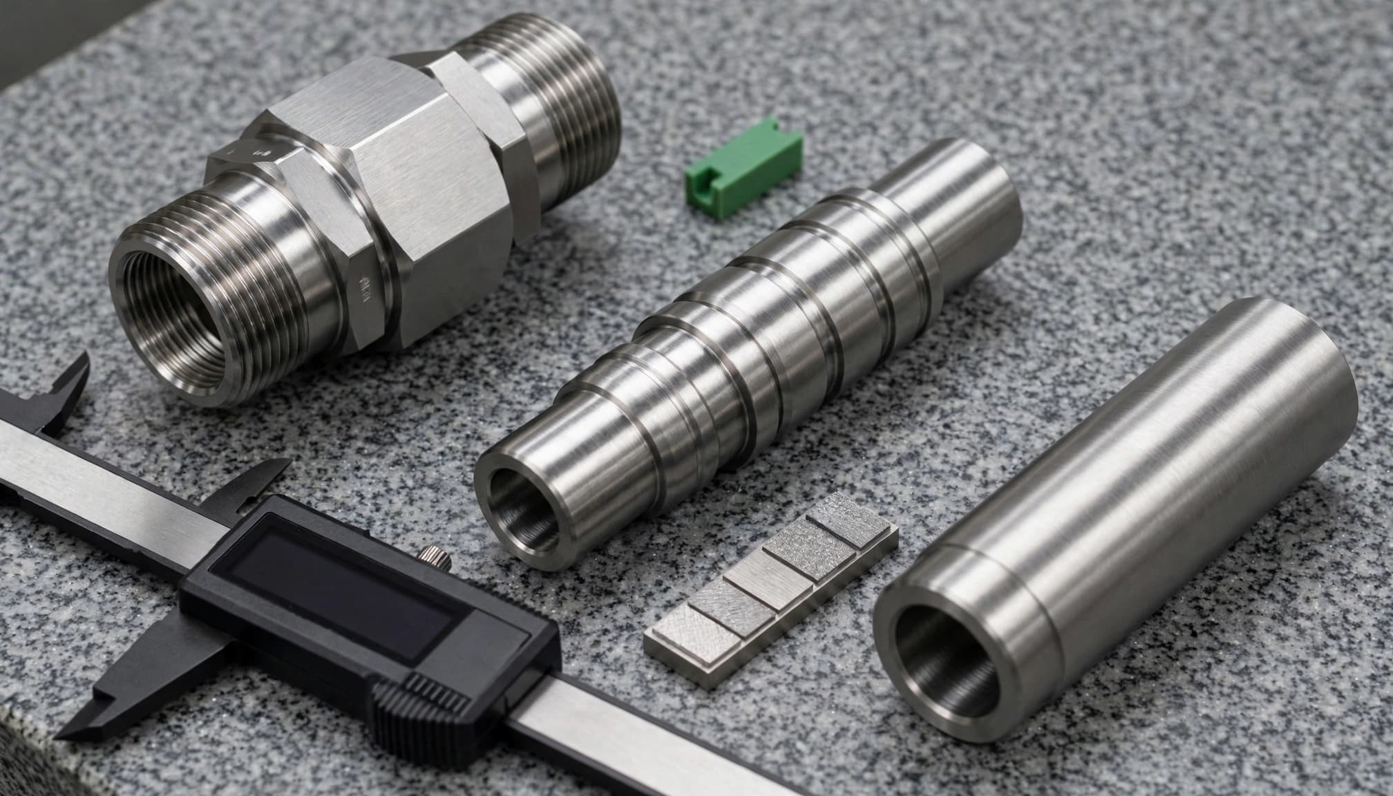 Three machined steel parts arranged beside a digital caliper and finish sample.