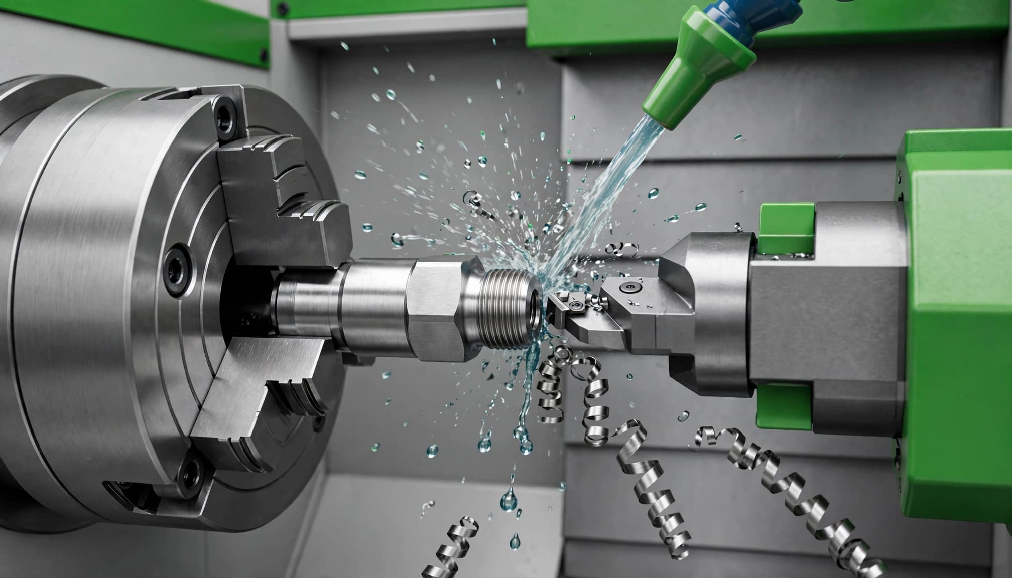 A CNC lathe machines a stainless steel fitting with coolant spraying and metal chips curling.