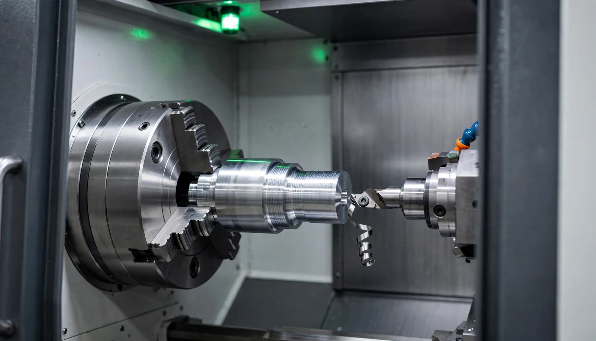 A lathe tool cuts a stainless steel fitting, producing a short metal curl.
