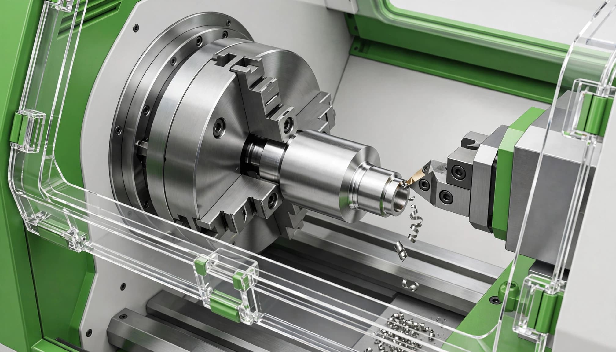 A close-up view of a CNC lathe machining a metal fitting with short chips falling.