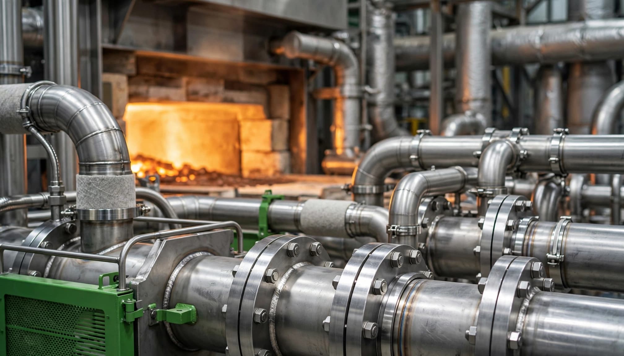 Steel tubes and flanges stand before a glowing industrial furnace.