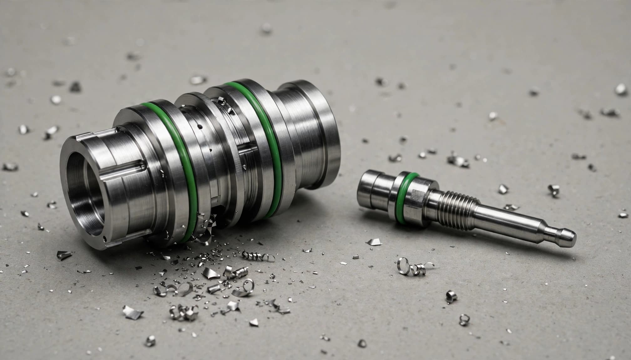 Two precision-machined stainless steel valve components with green o-rings and metal chips on a surface.