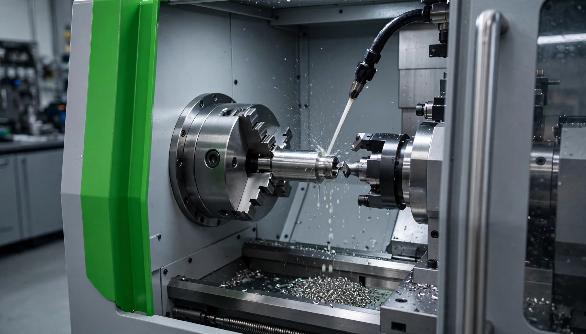 A lathe tool turns a stainless steel fitting as coolant carries chips away.