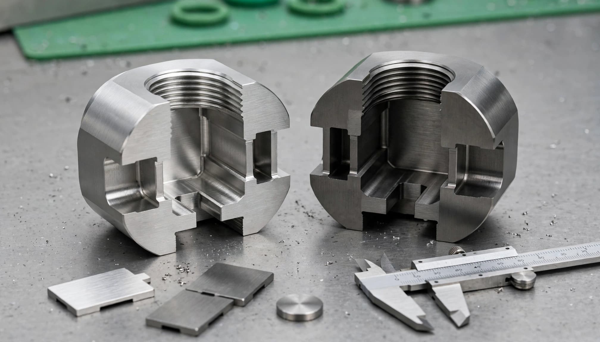 Two steel connector fittings and sample pieces sit beside a caliper on a clean table.