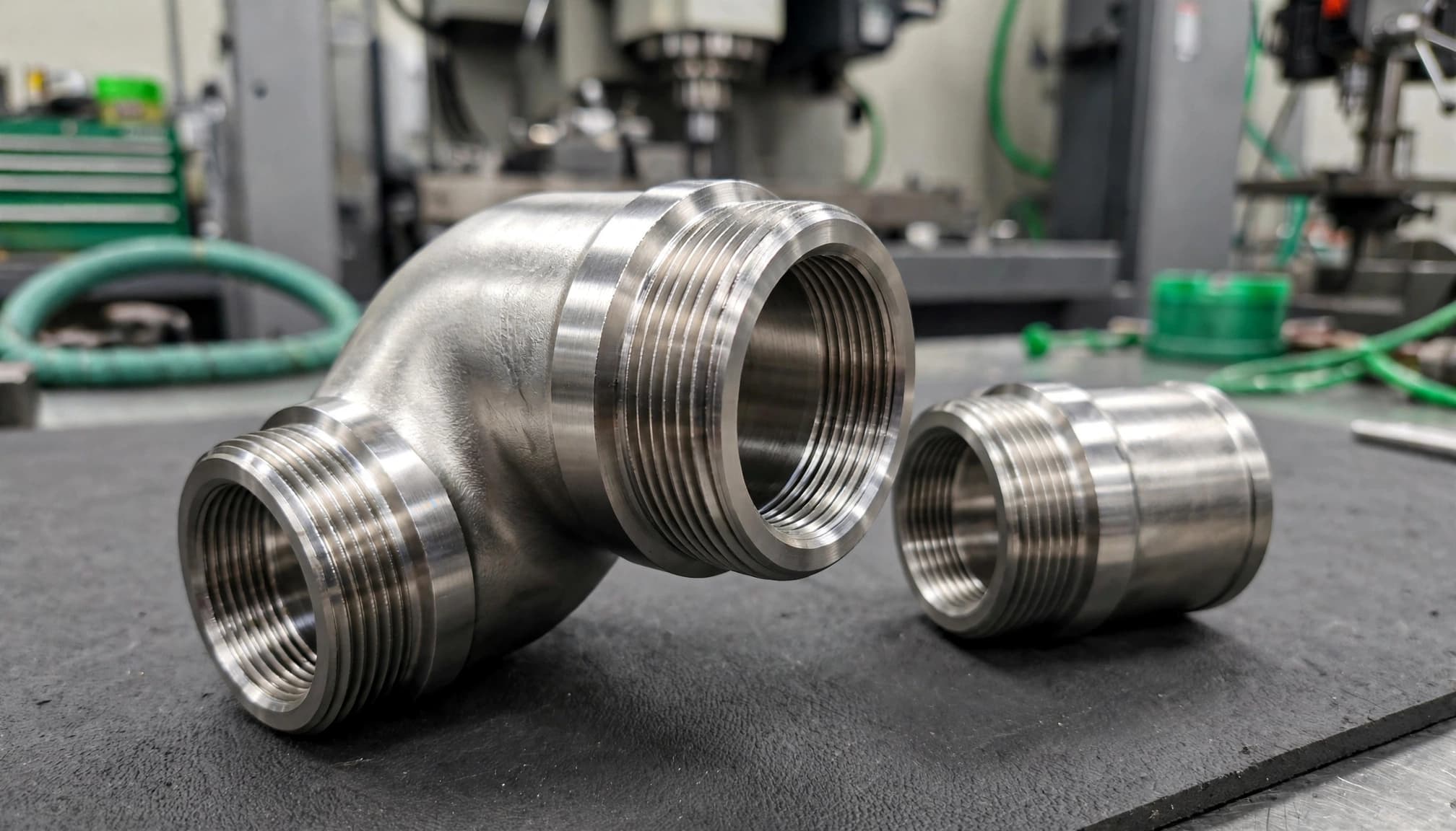 A stainless steel water fitting and threaded pipe coupling in a workshop.
